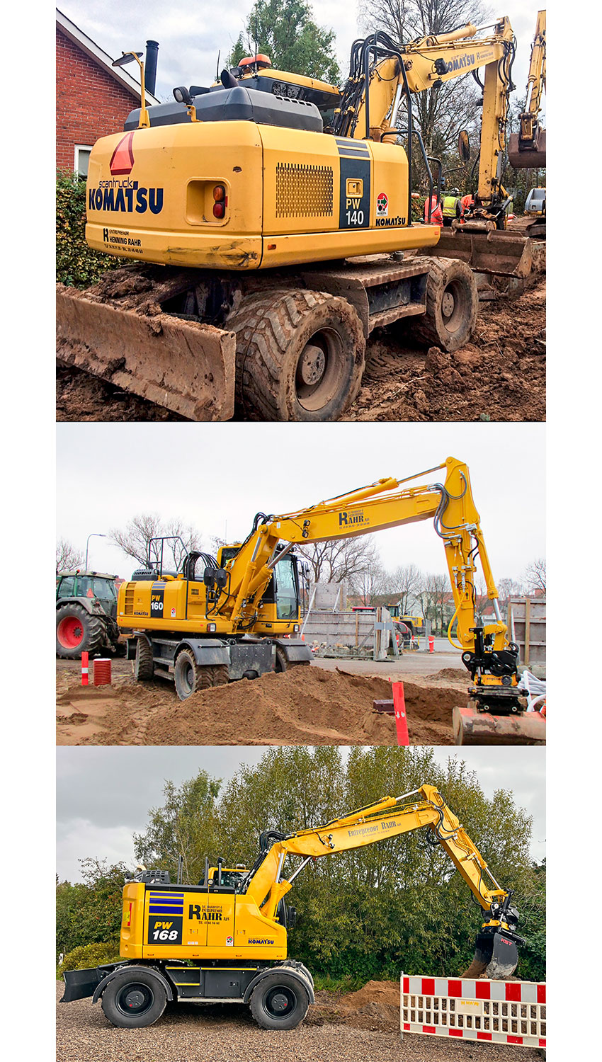 Et nostalgisk kik på tre gravende Komatsu-generationer på hjul hos Entreprenør Rahr. Totalt har firmaet haft fire Komatsu-hjulgravere. De to første var PW140 (øverst), som blev efterfulgt af PW160. Nederst den nye PW168. 